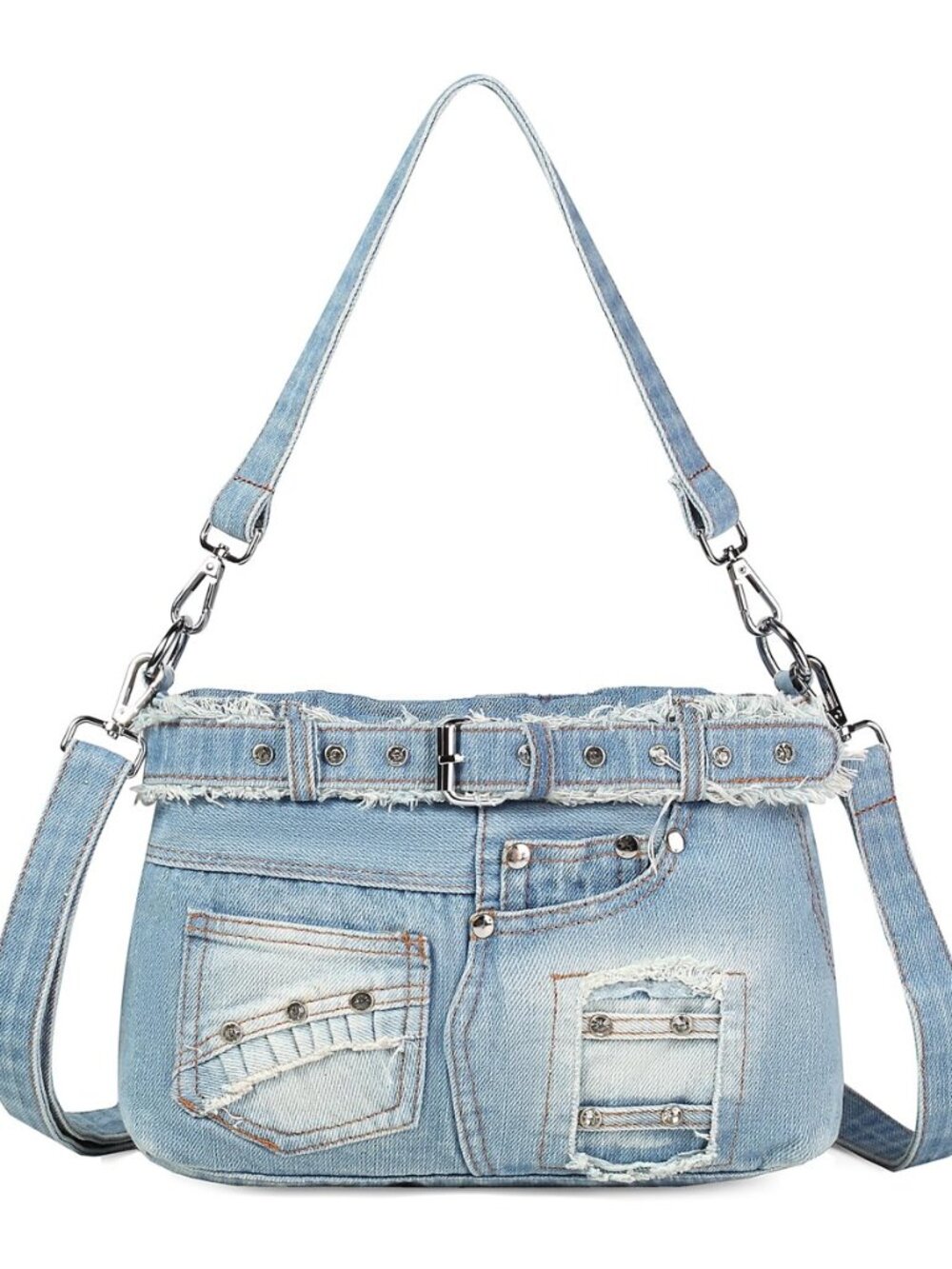Women Vintage Washed Denim Crossbody Purse with Ruffle Skirt Design
